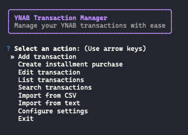 YNAB Manager CLI - screenshot 1